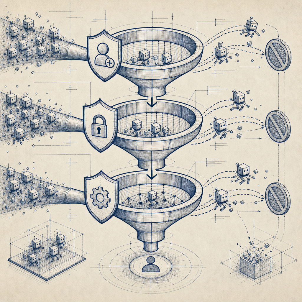 layered defense funnel showing signup, login, and API checks with bot traffic fi