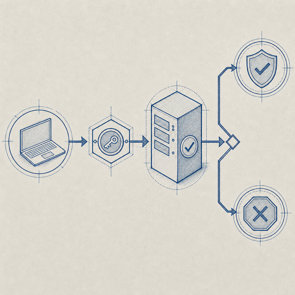 abstract flow diagram of client token issuance, server validation, and allow/den