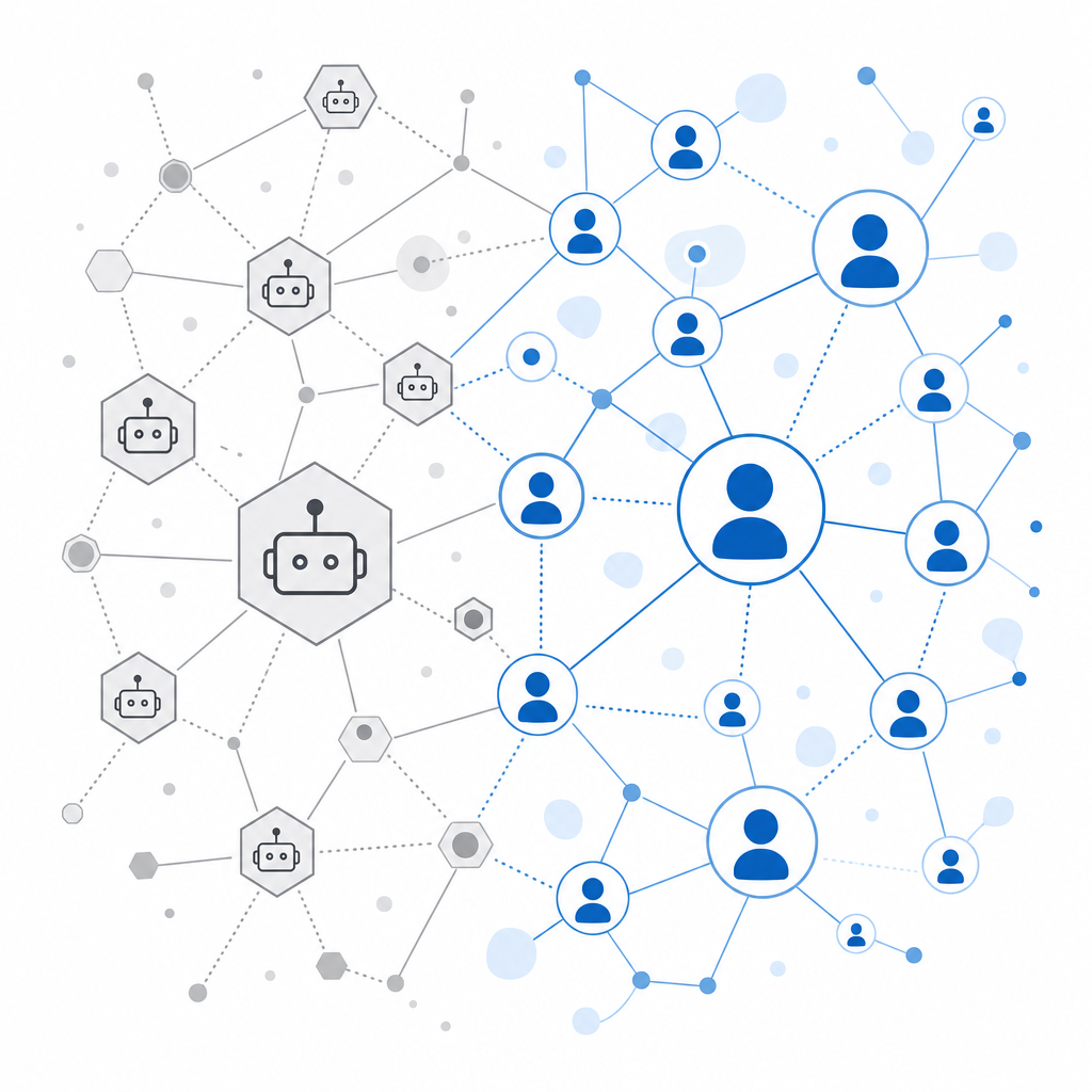 abstract network with bot and human nodes contrasting