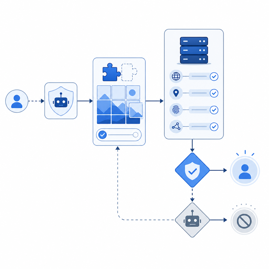 flowchart illustrating bot detection logic combining CAPTCHA challenge and serve