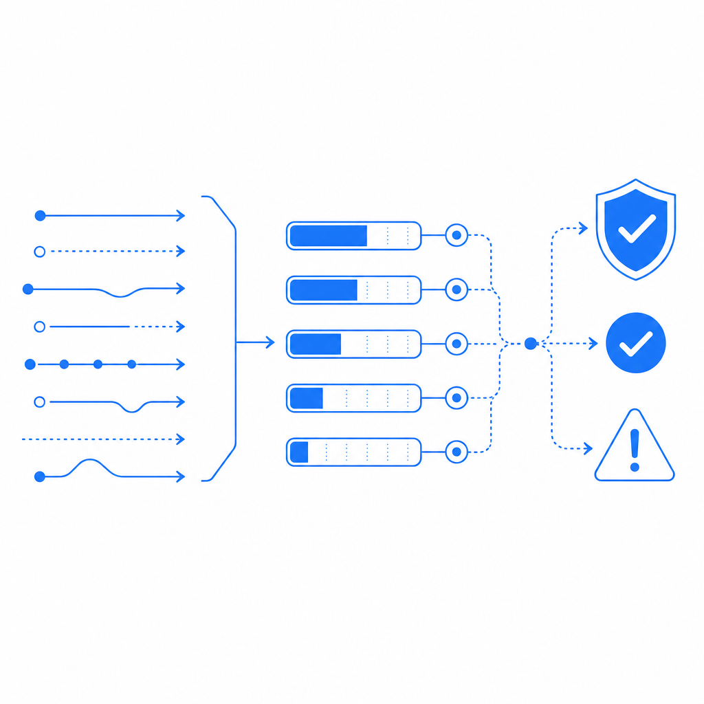 layered bot-defense flow showing request signals, risk scoring, and challenge es