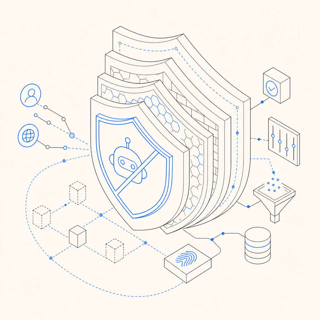 abstract layered security shields representing multi-faceted bot defense