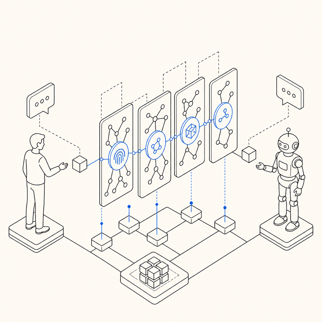 conceptual depiction of human vs. bot interaction with layered detection nodes