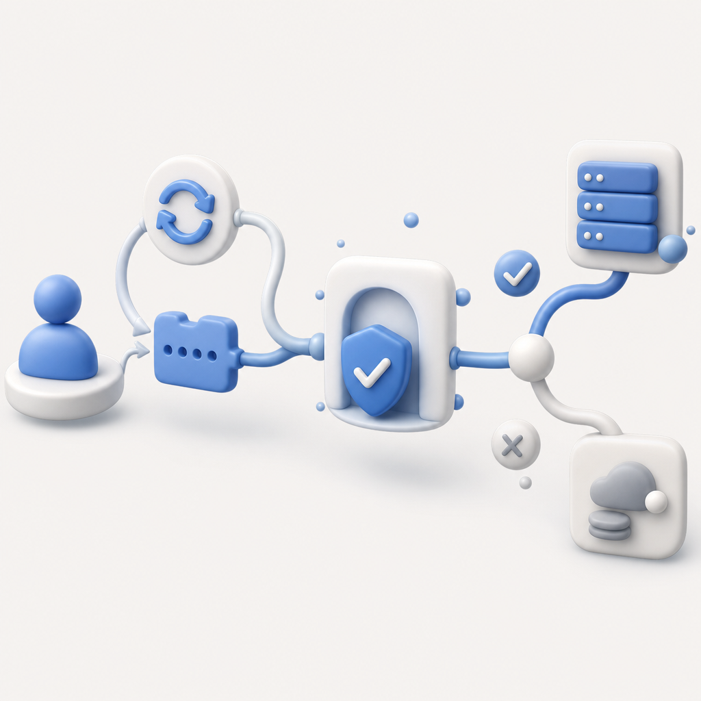 abstract flow diagram showing client token refresh, validation API, and server d