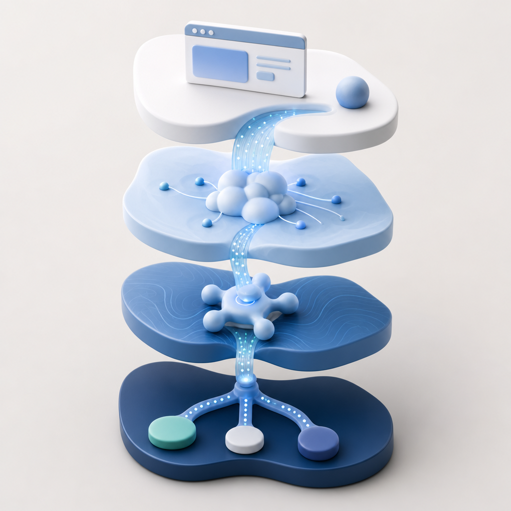 abstract layered stack showing browser, CDN loader, validation API, and backend 