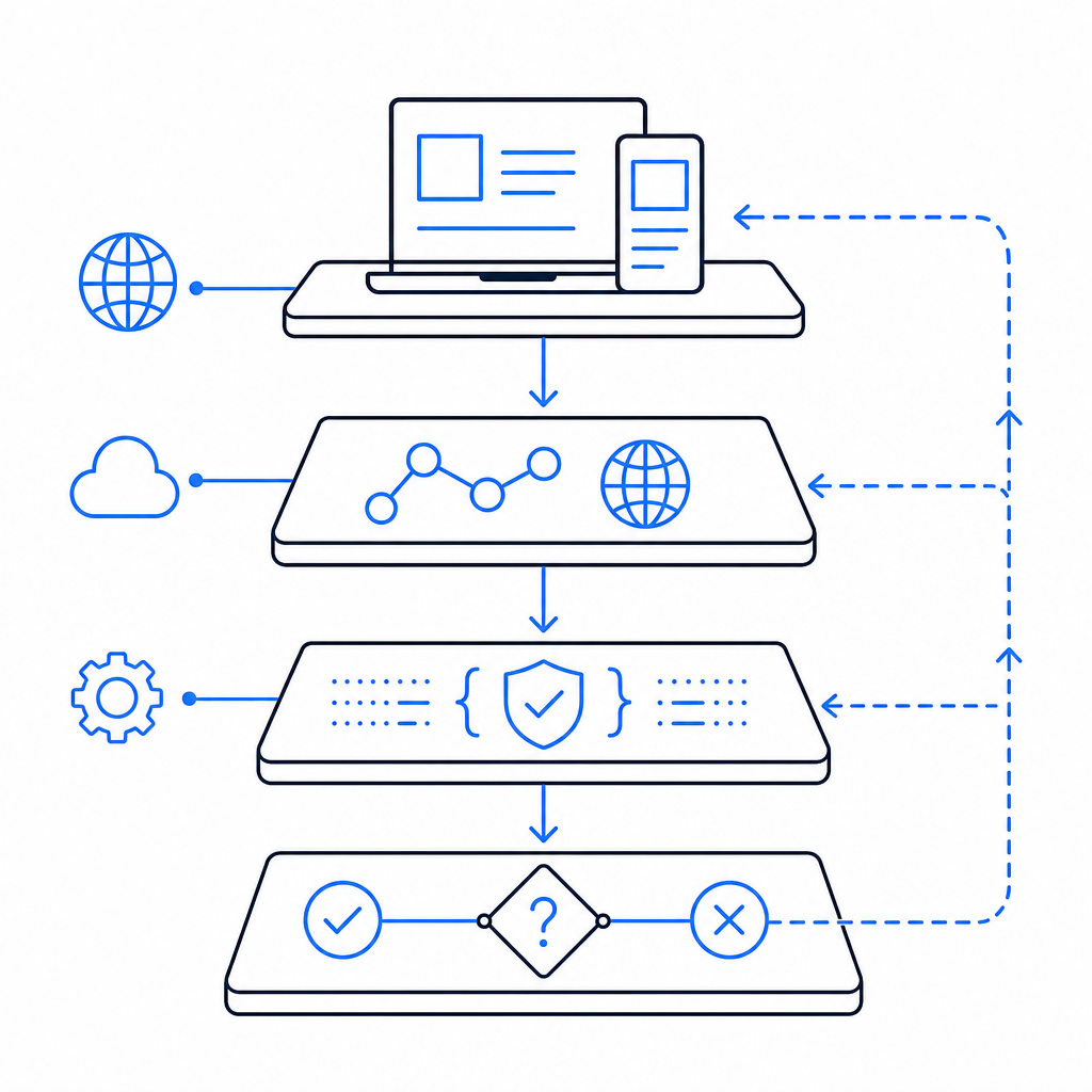 abstract layered stack showing client, CDN, validation API, and decision node wi