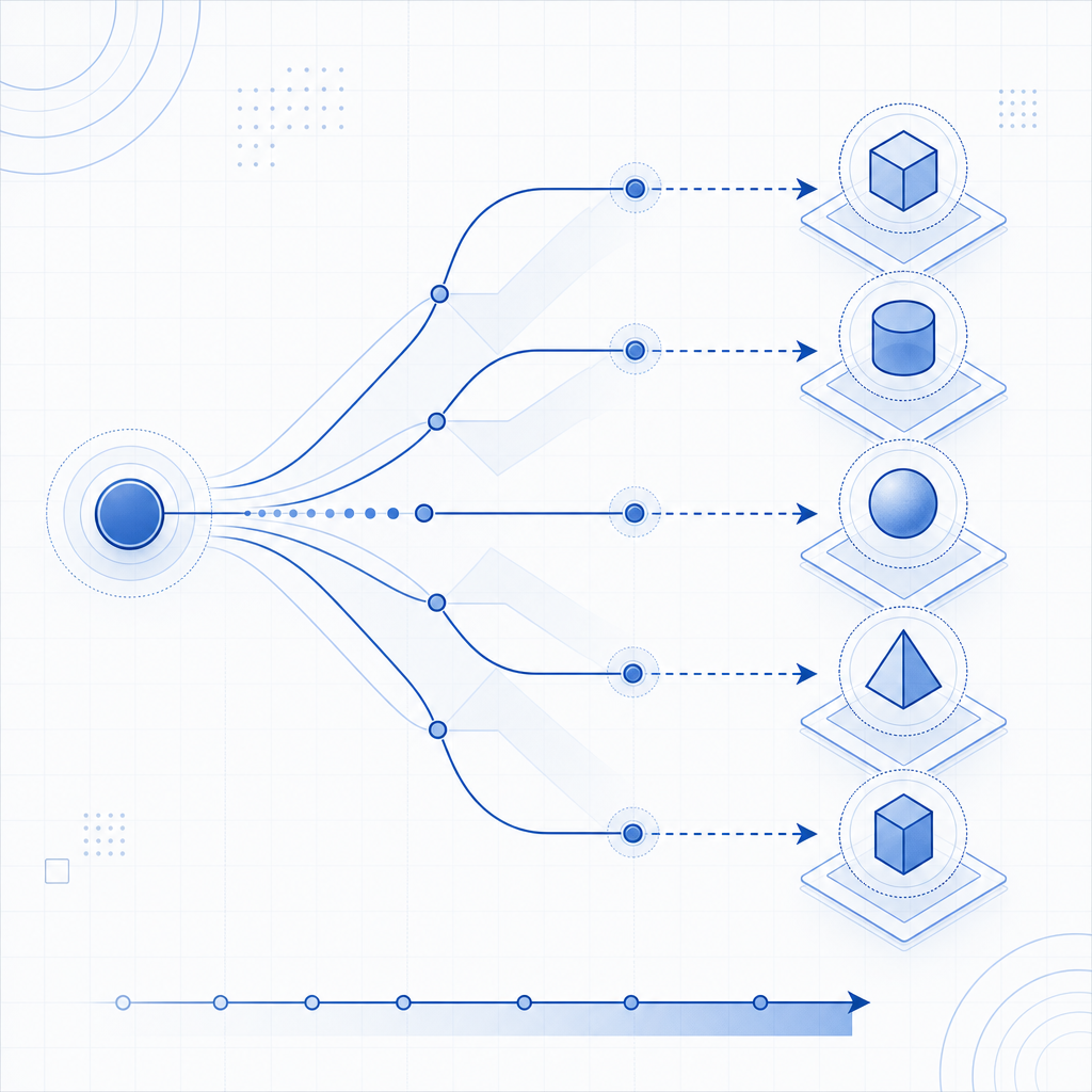 abstract flow diagram of requests spreading across endpoints with timing arrows