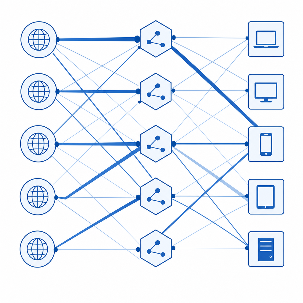 abstract network graph linking IPs, sessions, and endpoints with weighted edges