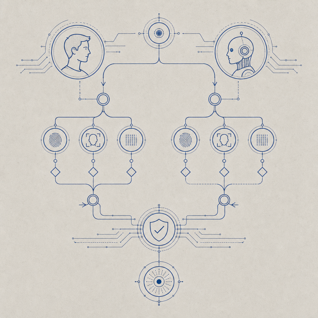 abstract diagram of bot verification methods comparing human and bot user flows