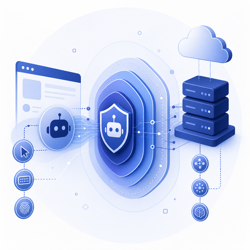 diagram showing layered bot detection approach with client and server components