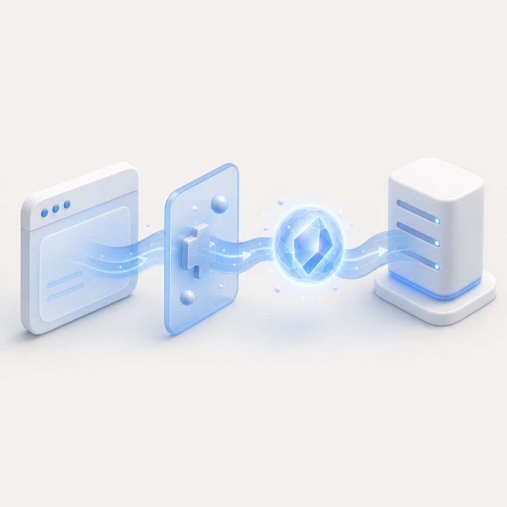 abstract flow diagram showing browser client, extension layer, challenge token, 