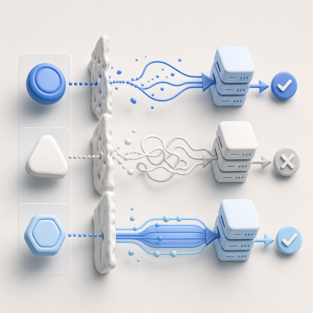 abstract comparison matrix with tokens, friction, data paths, and server validat