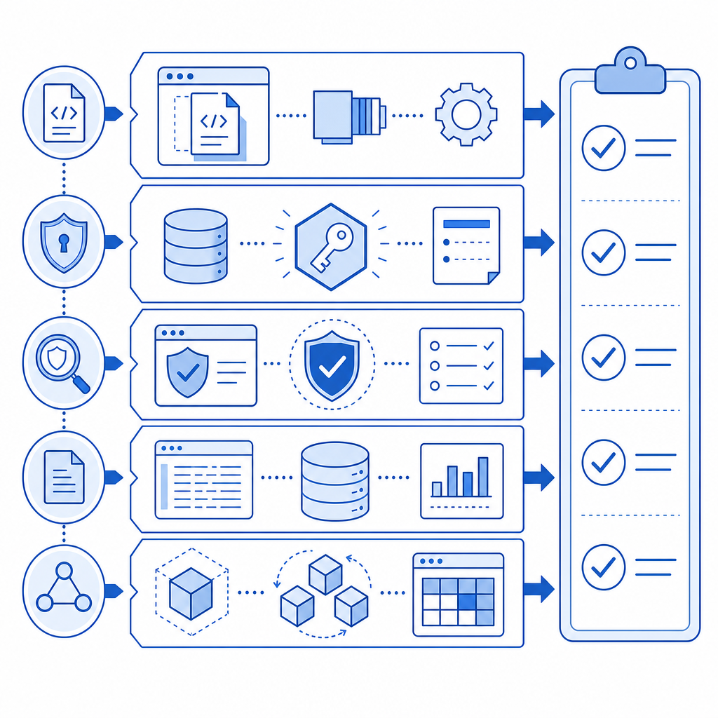 layered checklist diagram with script load, token issuance, validation, logging,