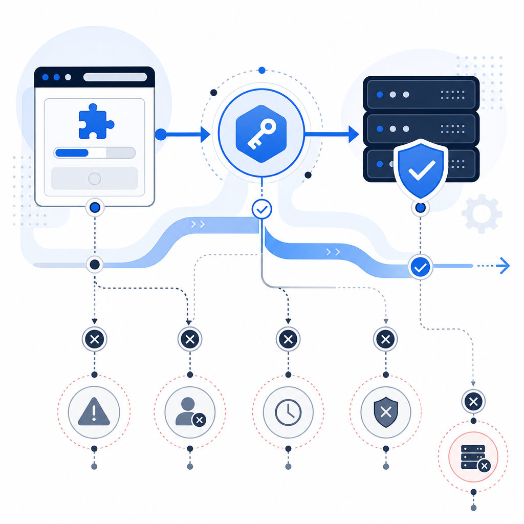 abstract flow diagram showing browser challenge, token, backend validation, and 