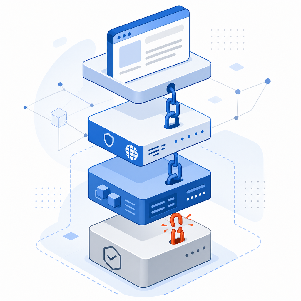 abstract layered stack of browser, edge proxy, app server, and validation API wi