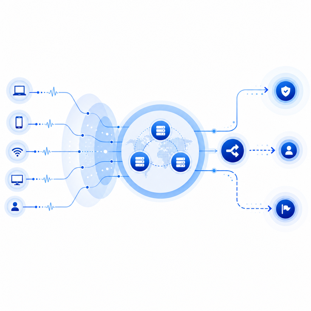 abstract flow of verification signals, shared VPN exit nodes, and decision branc