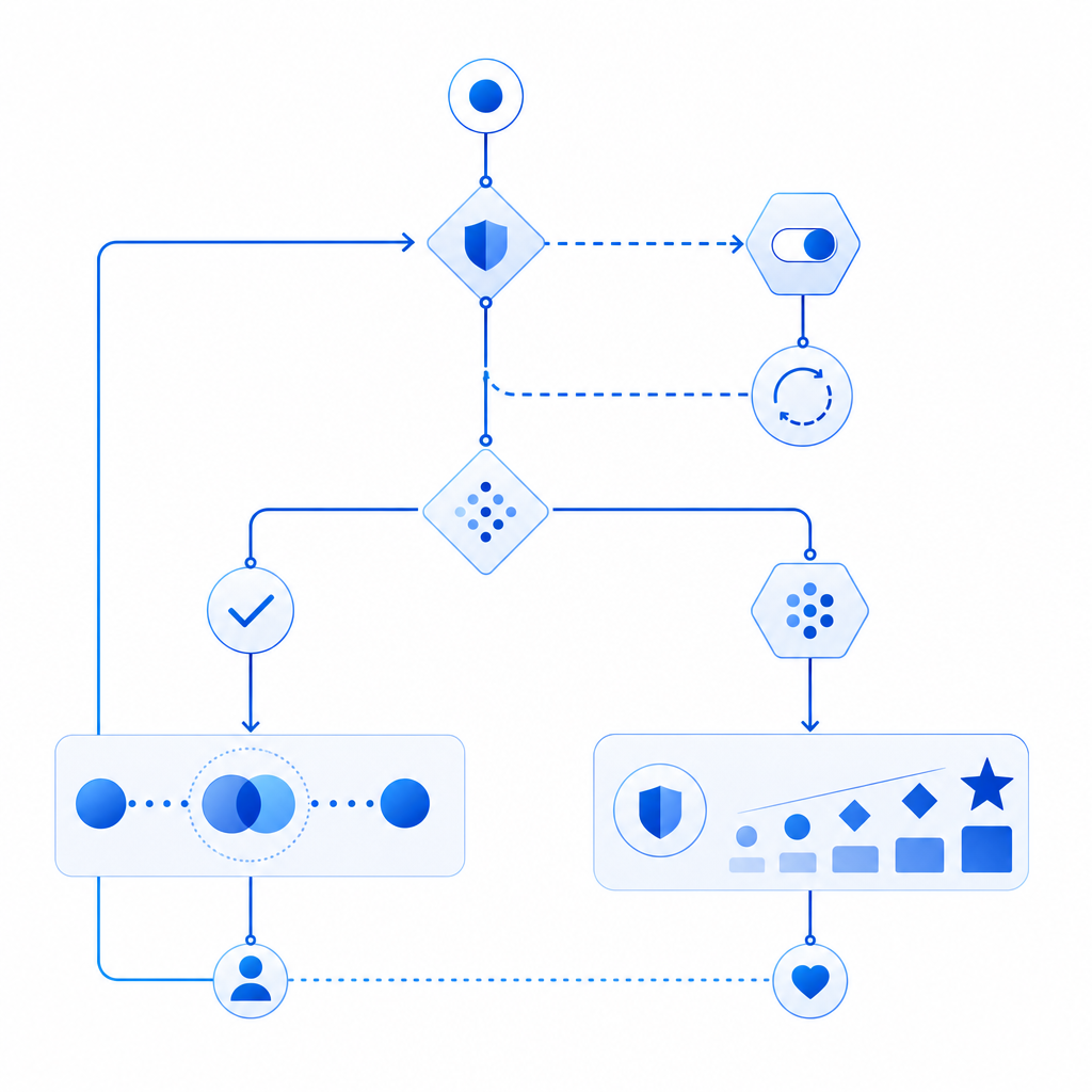 decision tree showing VPN-off retry, session continuity, and trust scoring on ab