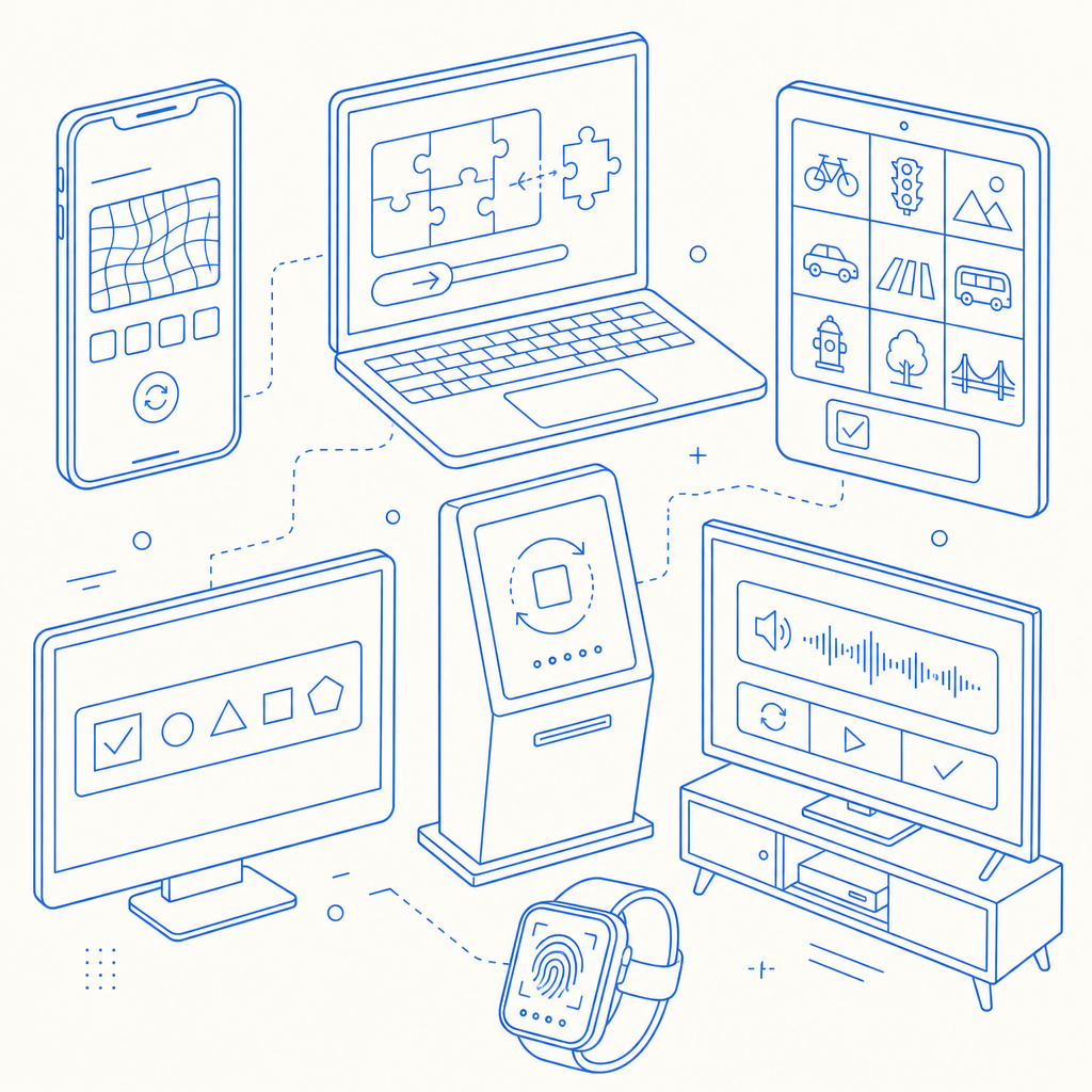 comparison visual of different CAPTCHA methods on diverse devices and platforms
