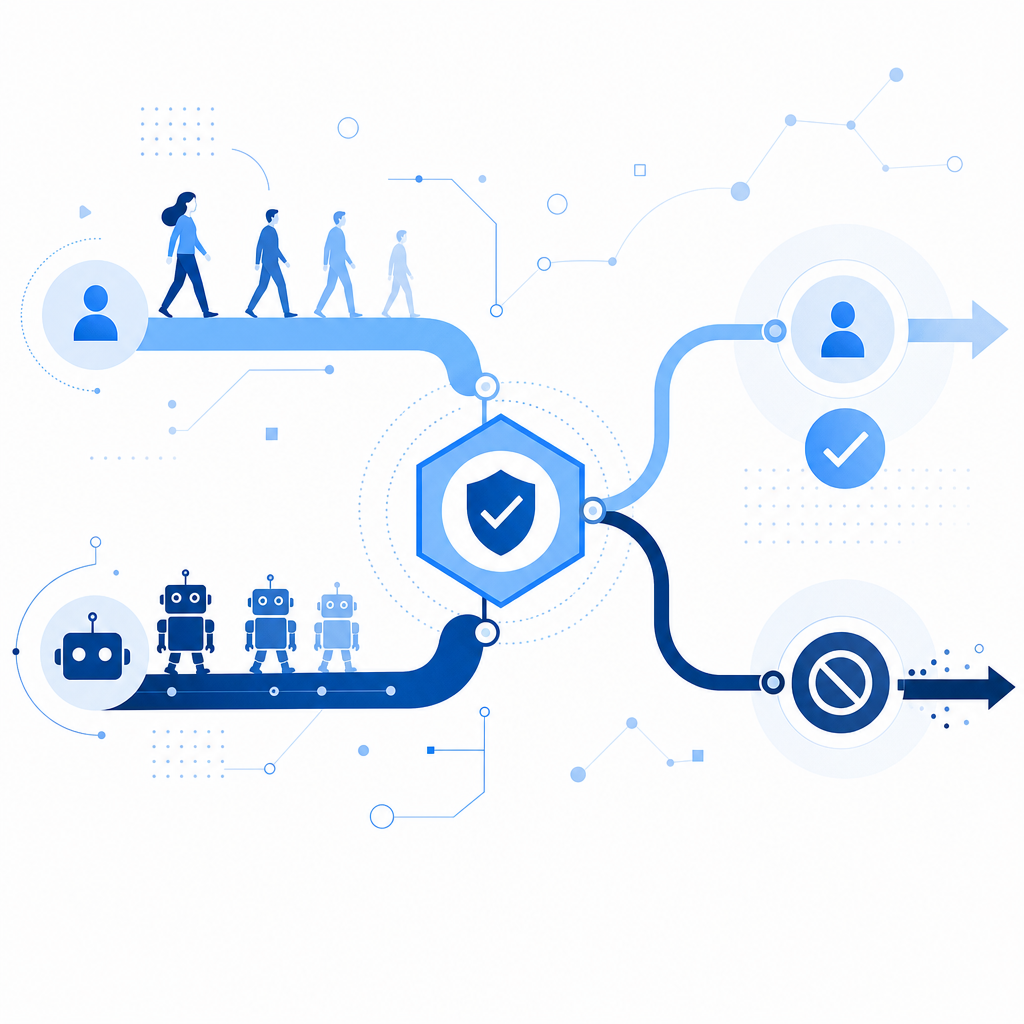abstract decision flow showing human traffic, bot traffic, and verification toke