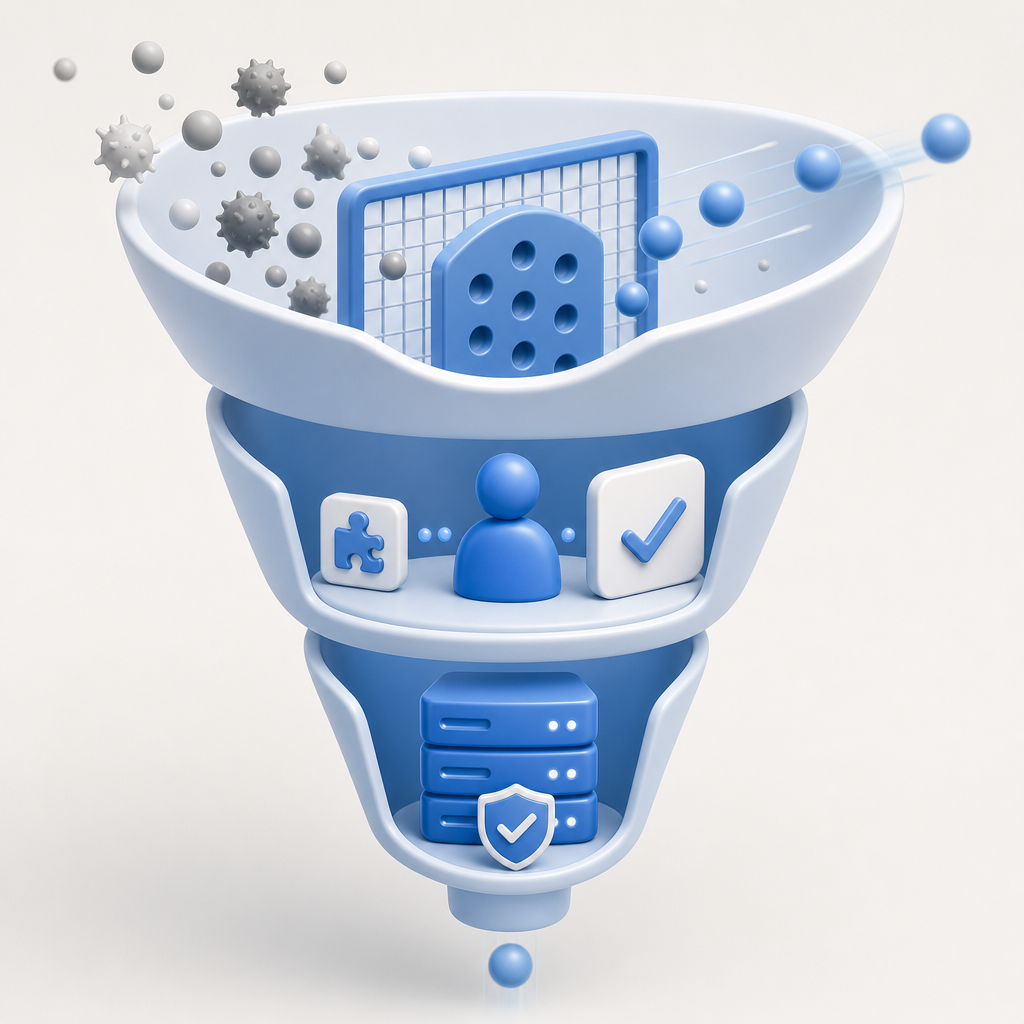 layered defense funnel with edge filtering, challenge, and server verification