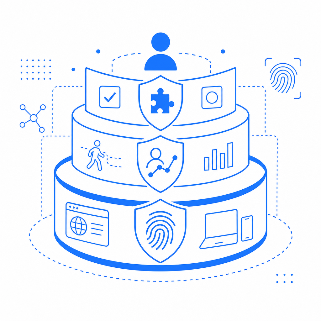 layered defense concept with CAPTCHA, behavior analysis, and fingerprinting