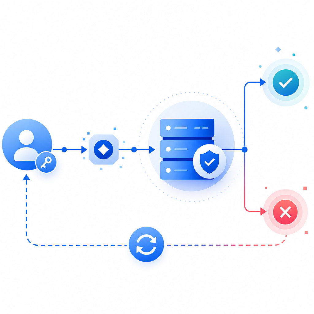 abstract pipeline of client token -> server verify -> allow/deny with retry arro