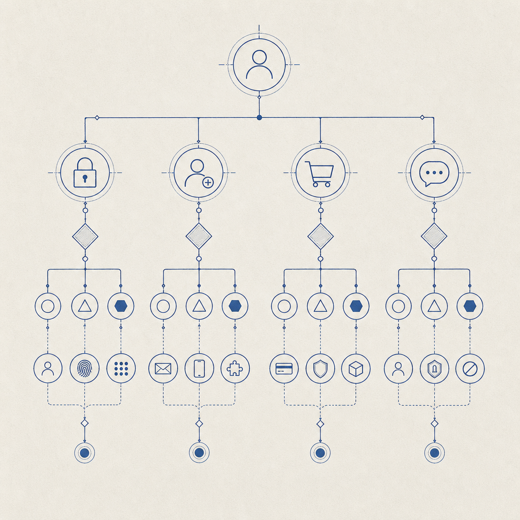 decision tree for login, registration, checkout, and comments with risk-based ch