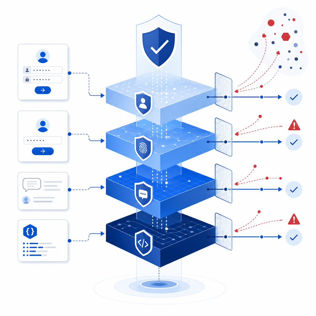 layered defense diagram showing signup, login, comments, and API endpoints with 