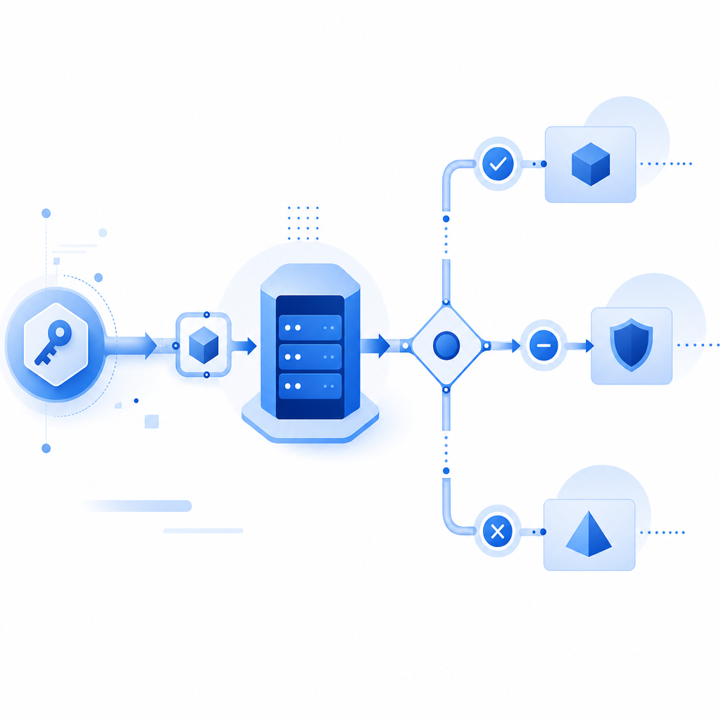 abstract pipeline showing token issuance, server validation, and policy decision