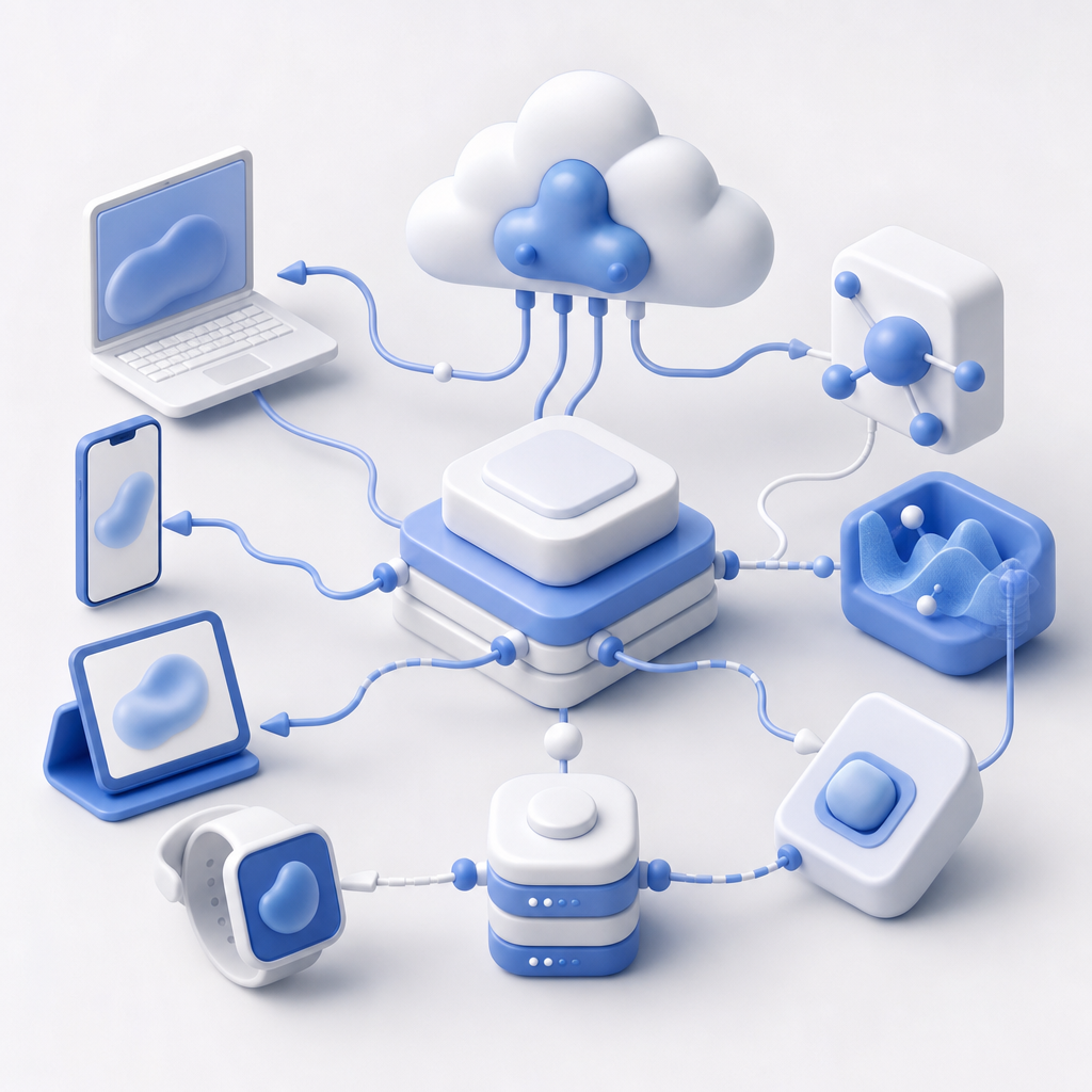 schematic showing multi-platform SDK integration and API workflow