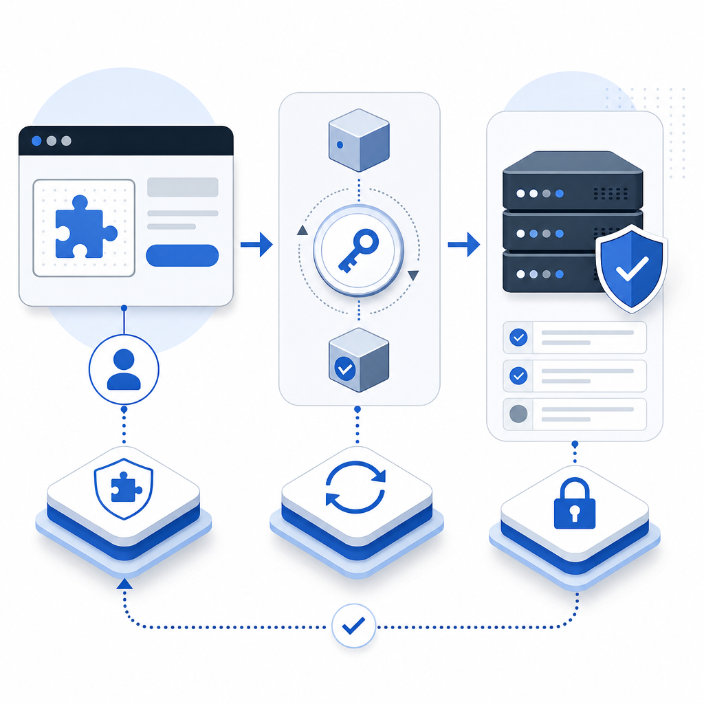 layered request flow showing browser challenge, token, and server validation pat