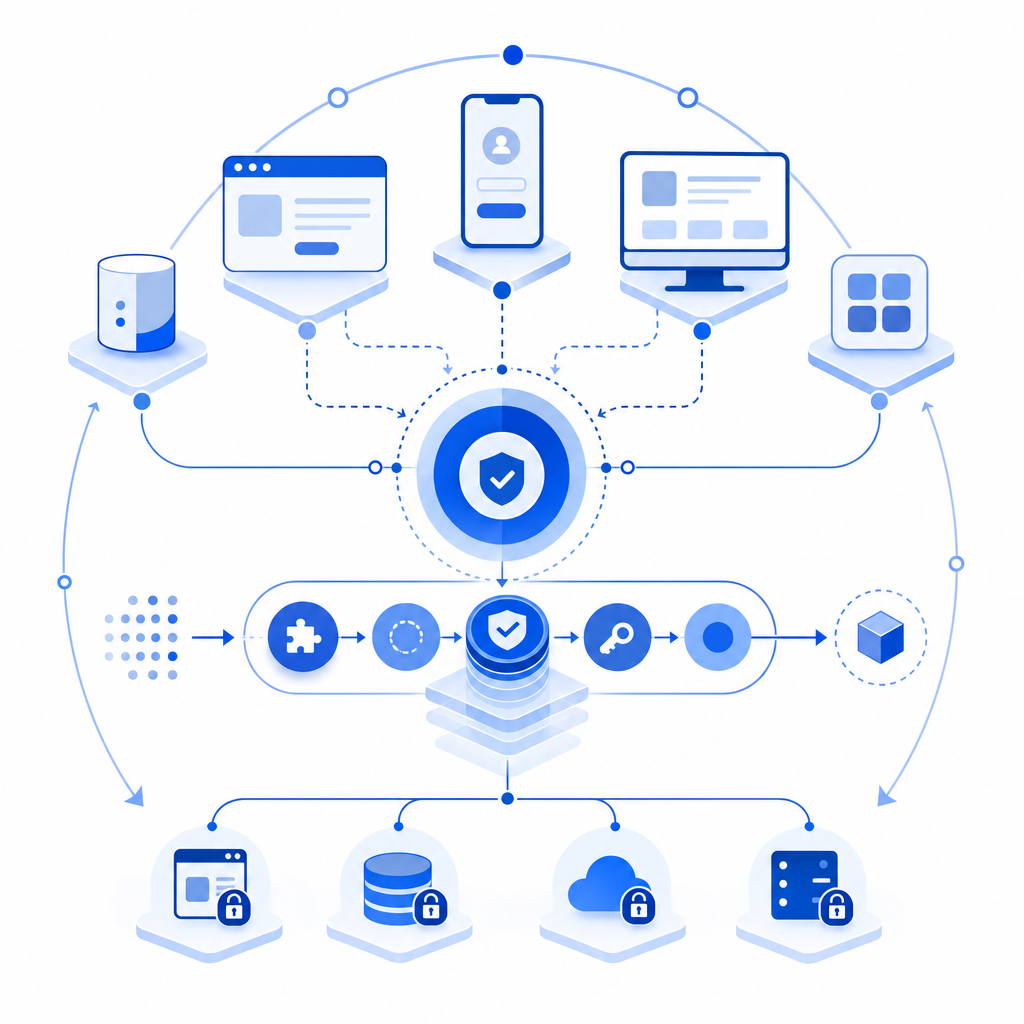abstract diagram of multi-platform CAPTCHA integration and token lifecycle