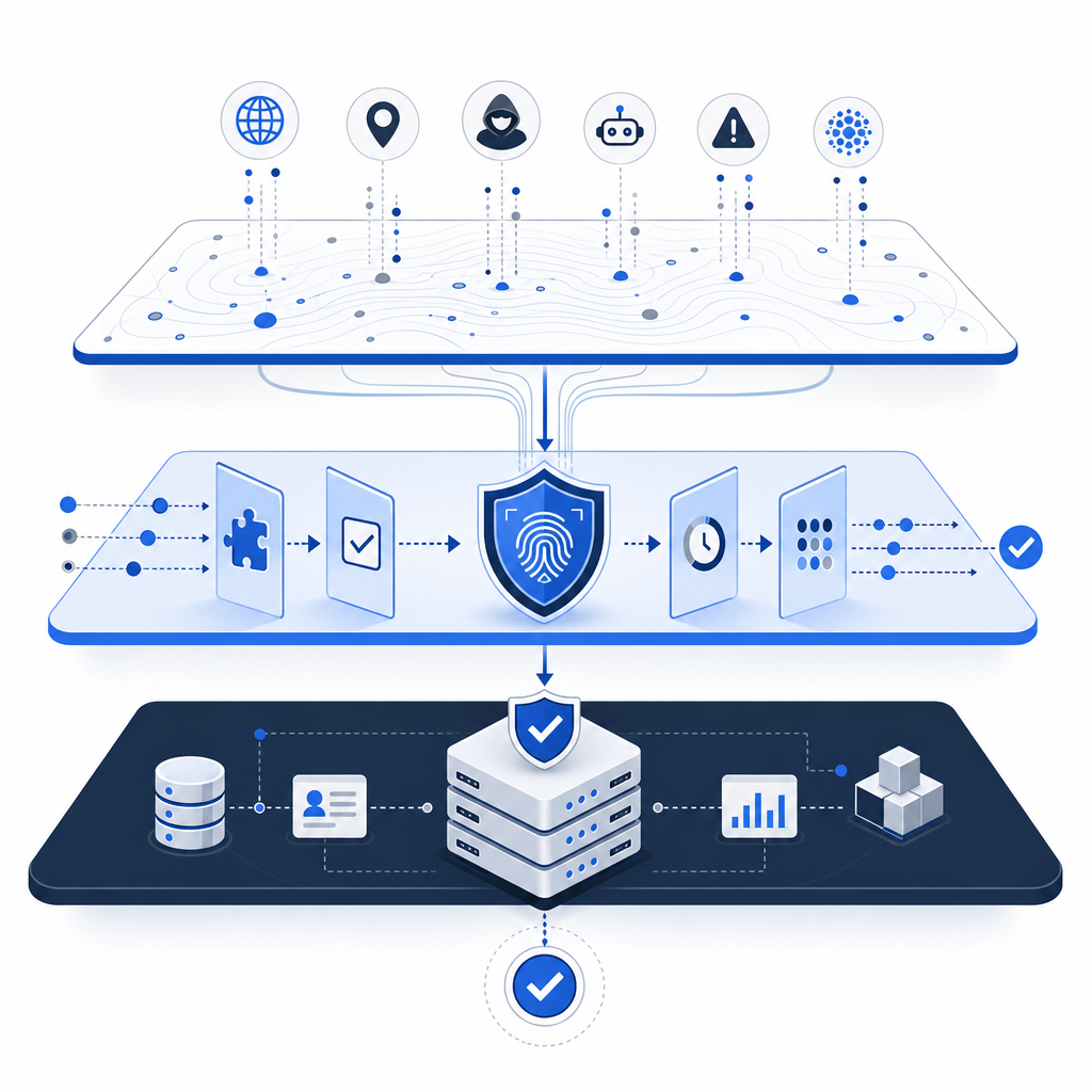 abstract layered defense diagram with risk signals, challenge layer, and backend