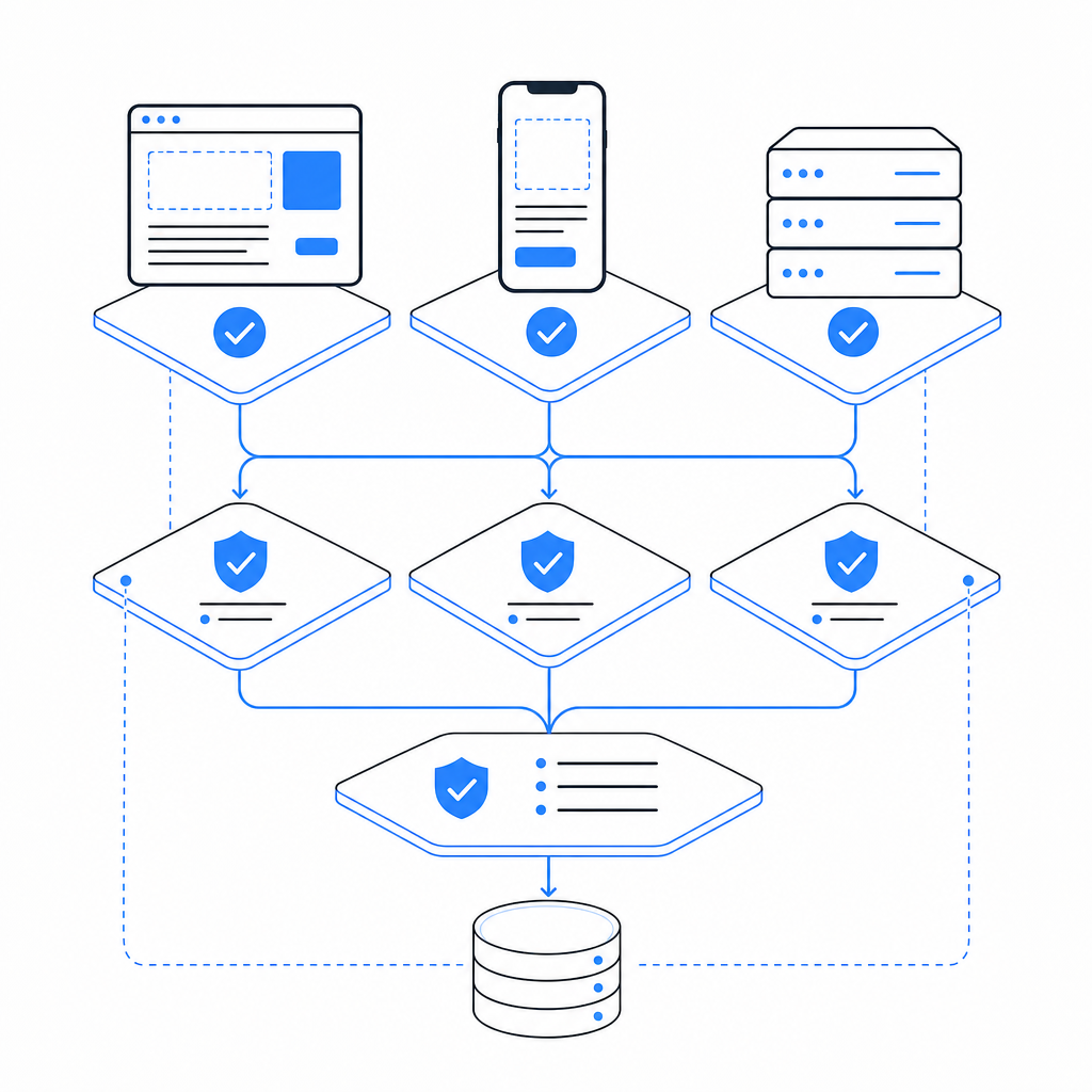 abstract layered architecture showing web, mobile, and server validation tiers