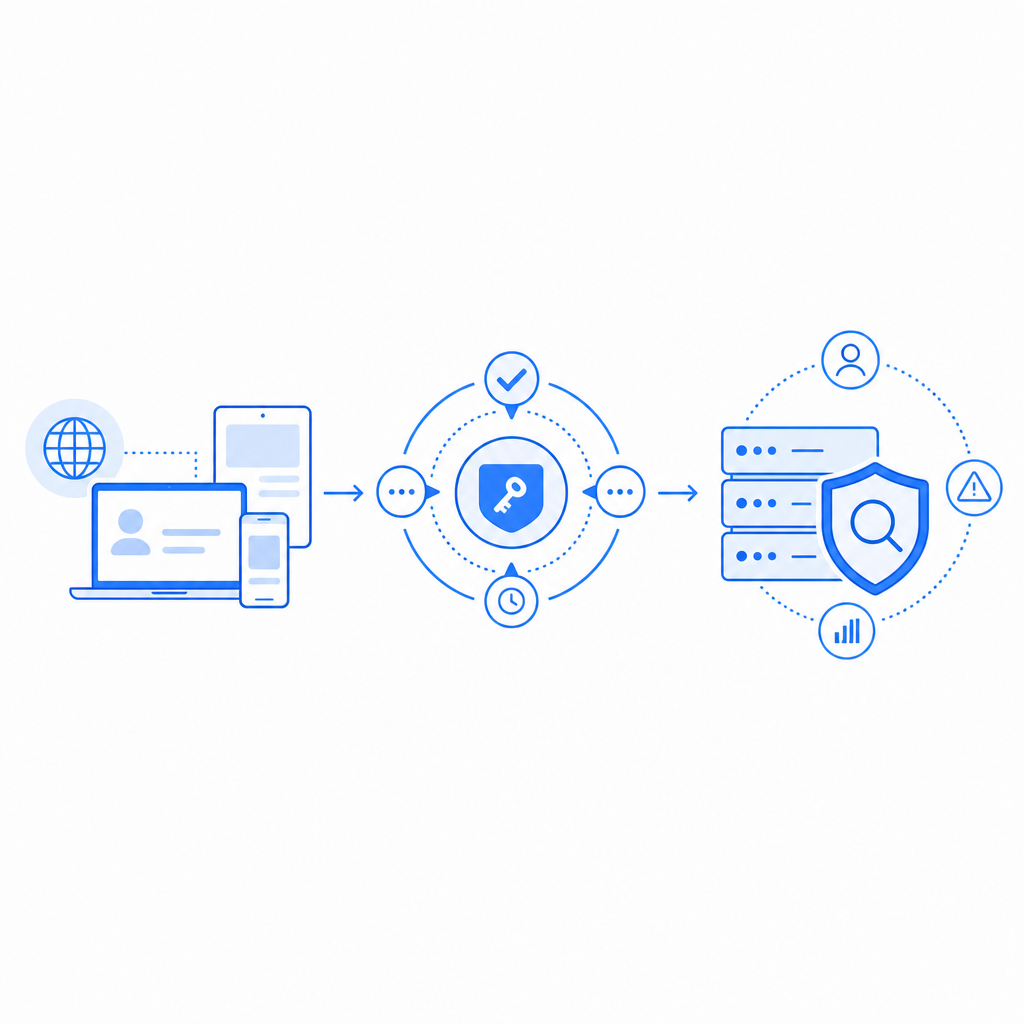 layered security flow showing client, token validation, and server-side risk che