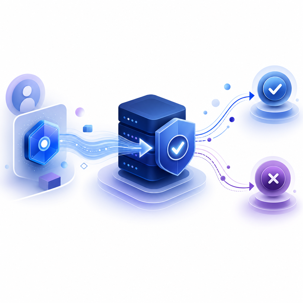 layered flow diagram showing client token, server validation, and allow/deny dec