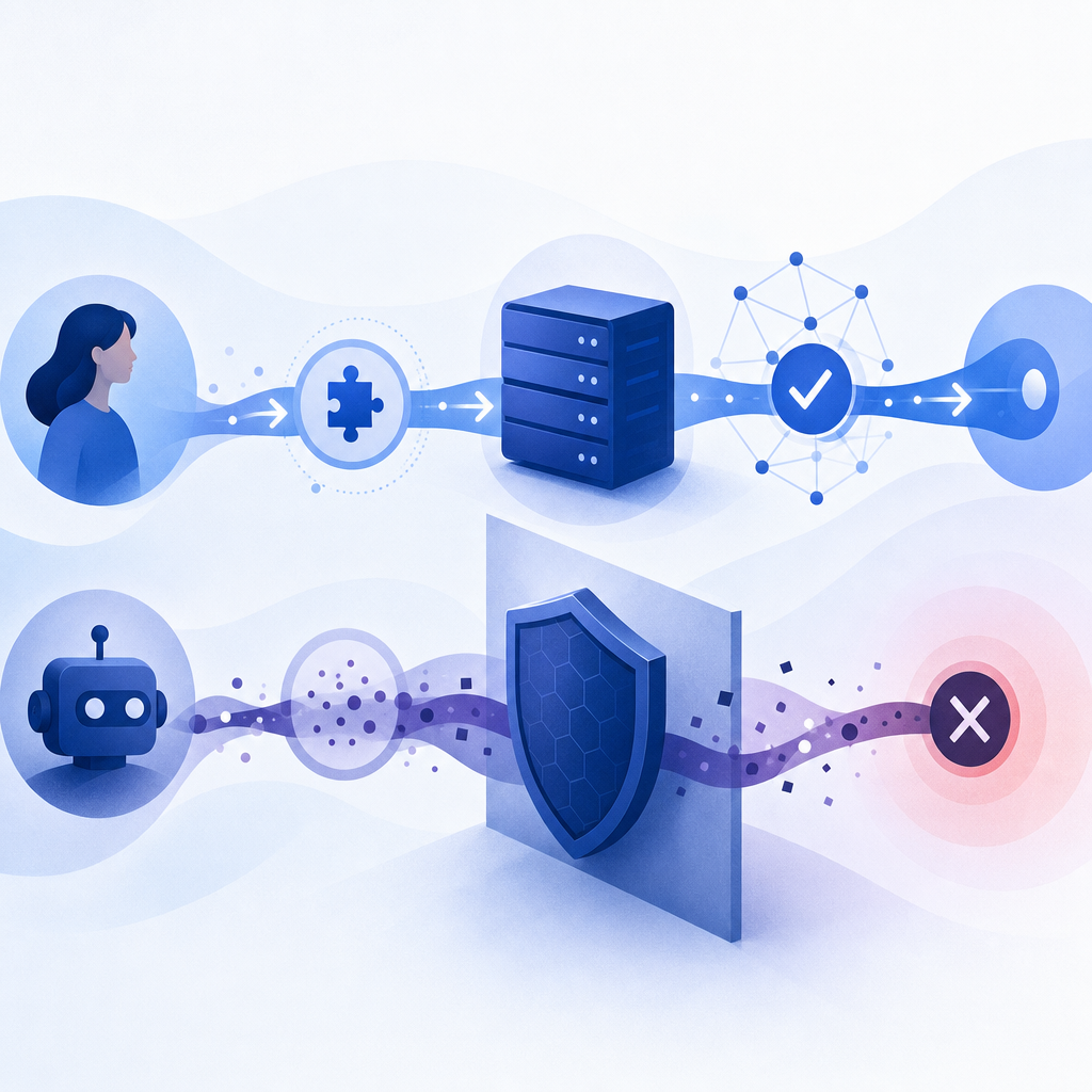 abstract flow of legitimate user, challenge, server validation, and blocked auto