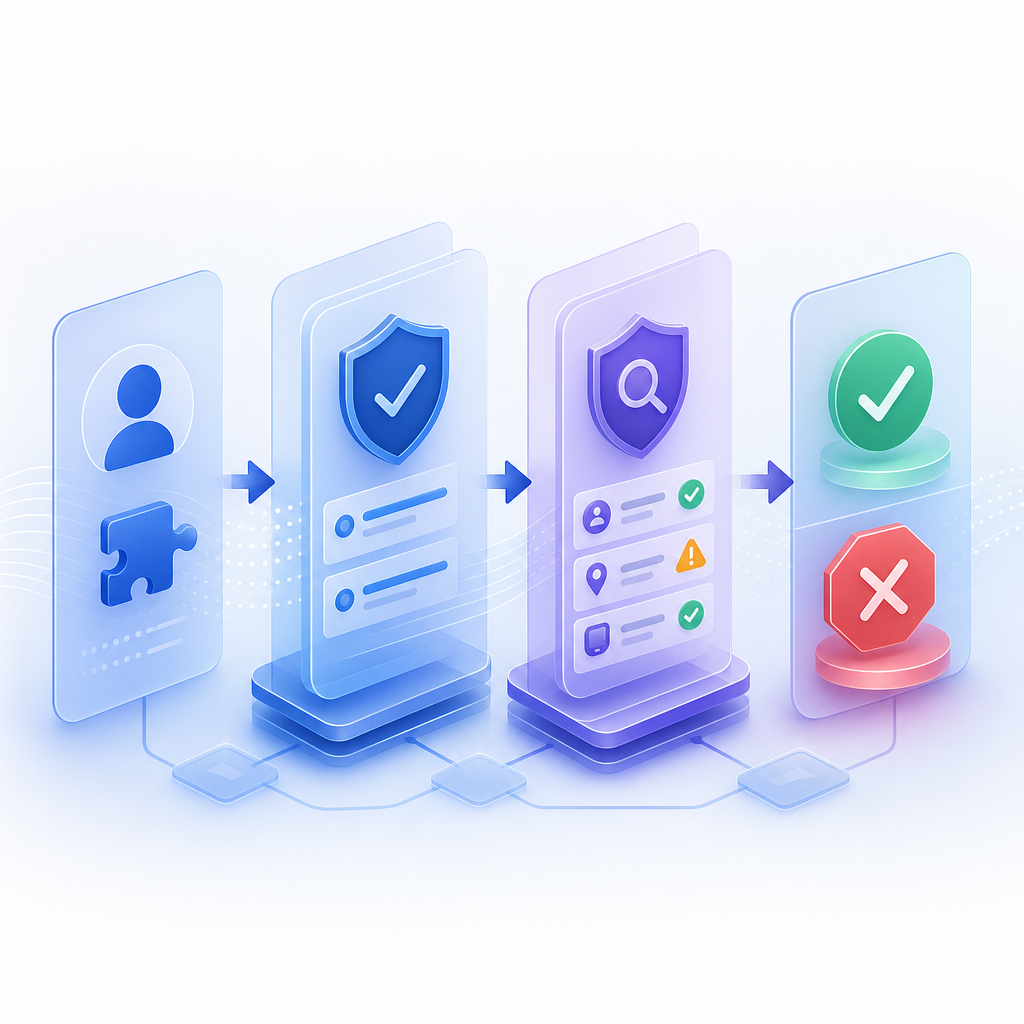 layered verification pipeline showing client challenge, backend validation, risk