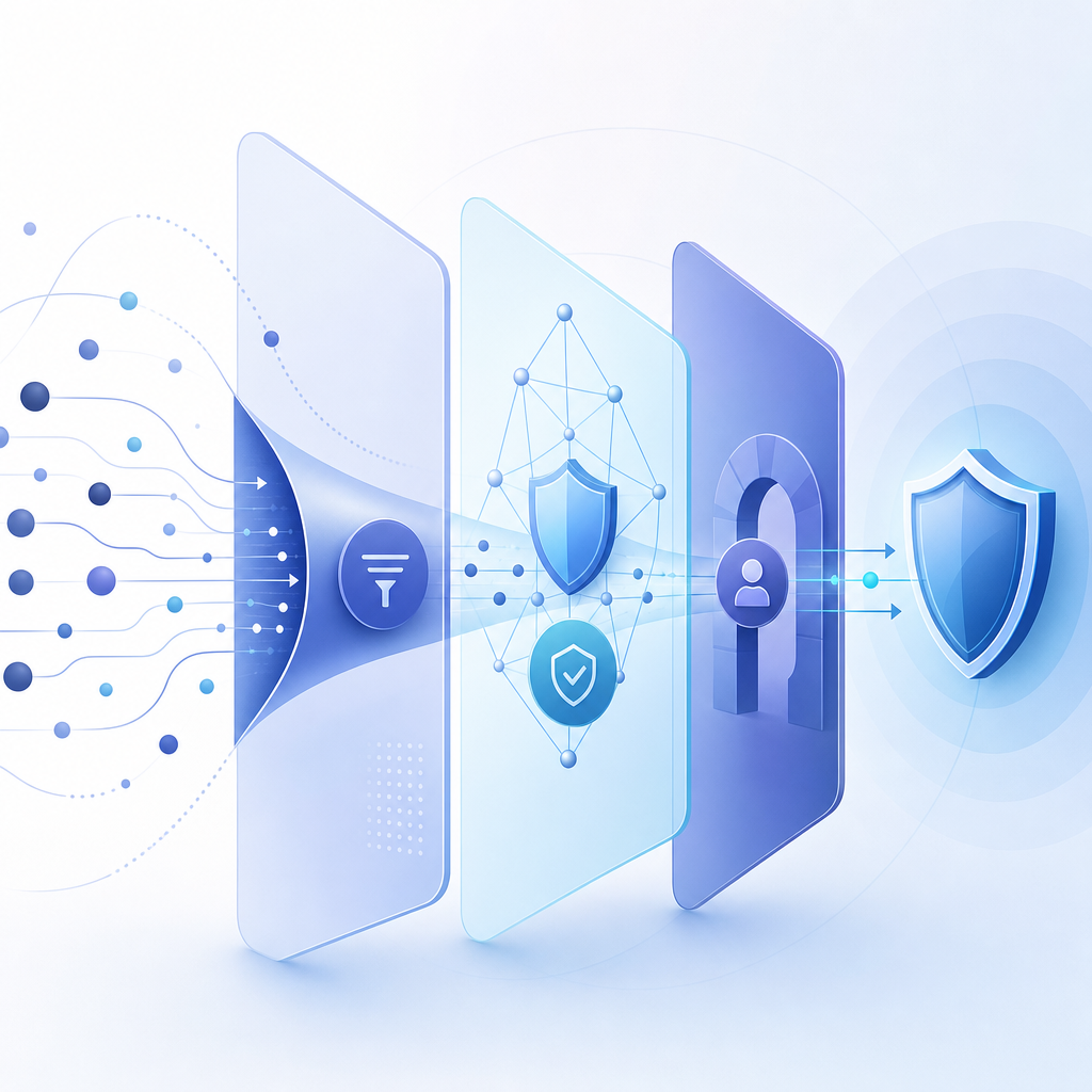 abstract layered security diagram with request throttling, validation, and chall