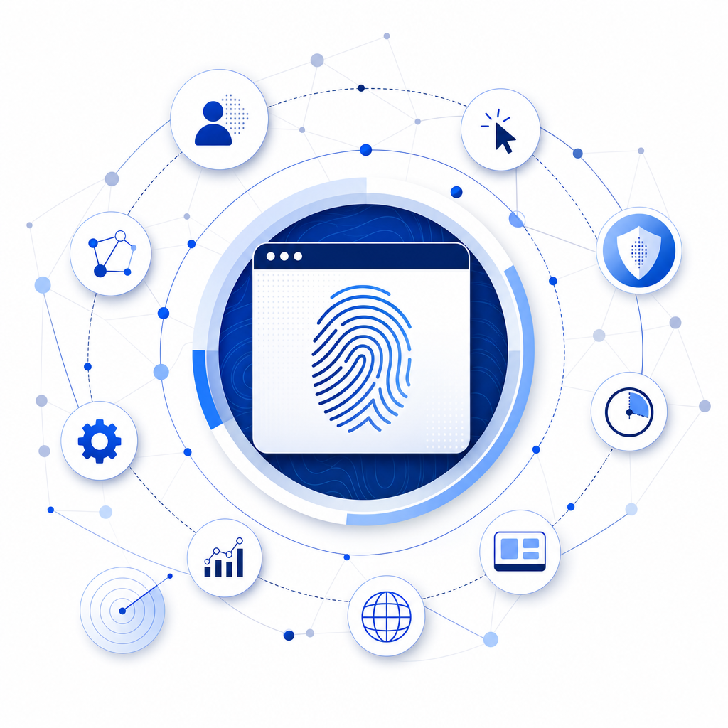 layered bot-defense signals around a browser fingerprint core, abstract network 
