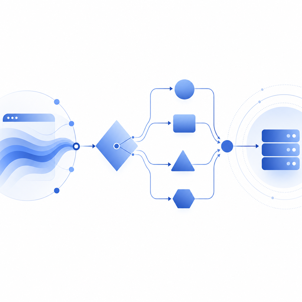 decision pipeline from browser signals to server validation, abstract flowchart