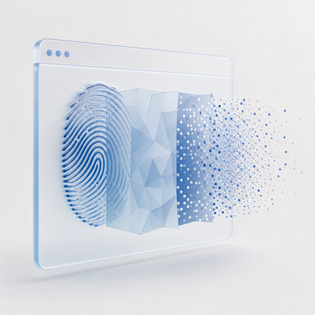 conceptual graphic showing fingerprint data being masked or randomized at browse