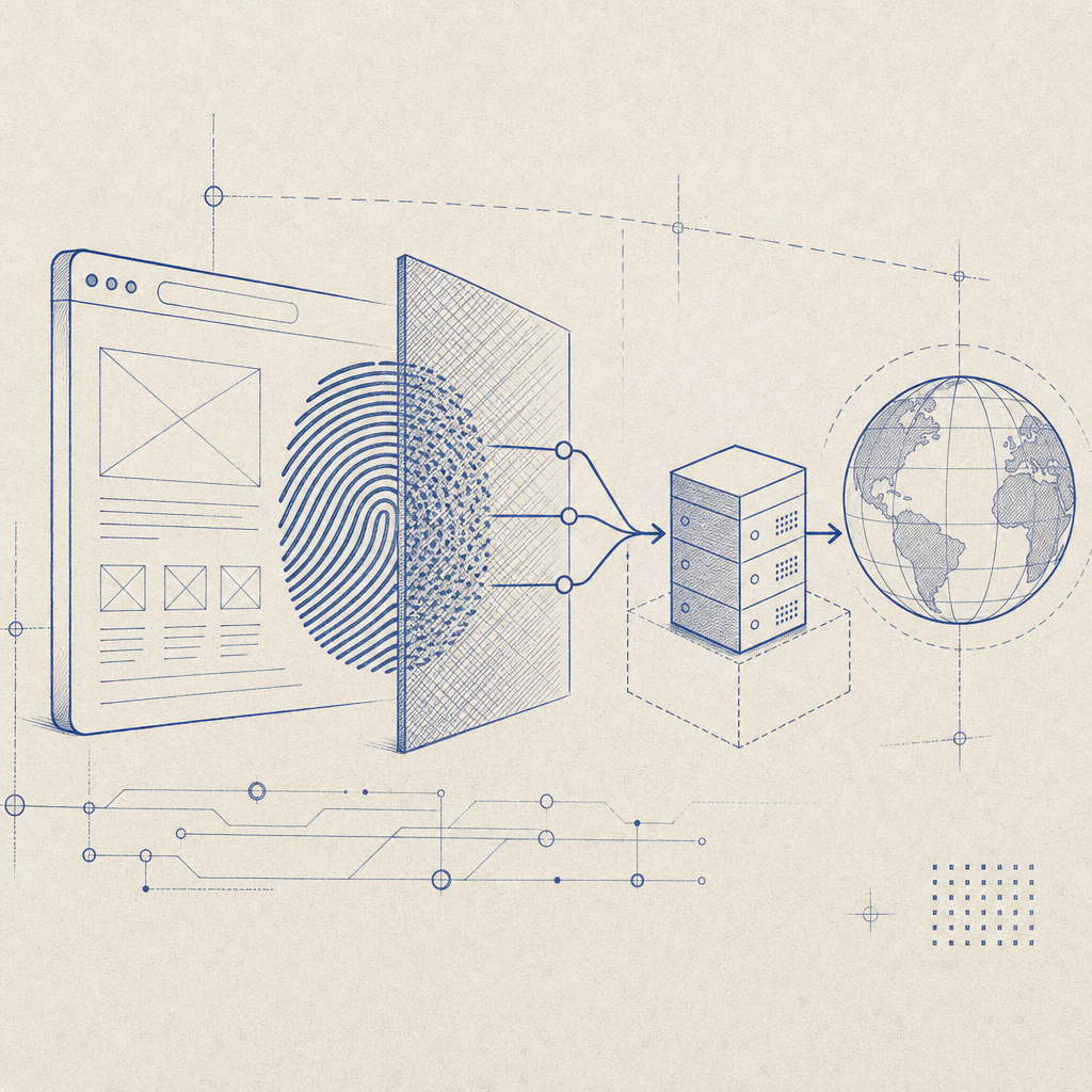 abstract diagram showing browser with obscured fingerprint and proxy server rout
