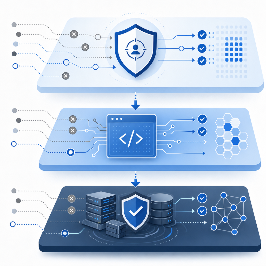 schematic showing layered bot defense strategies with behavioral, JavaScript, an