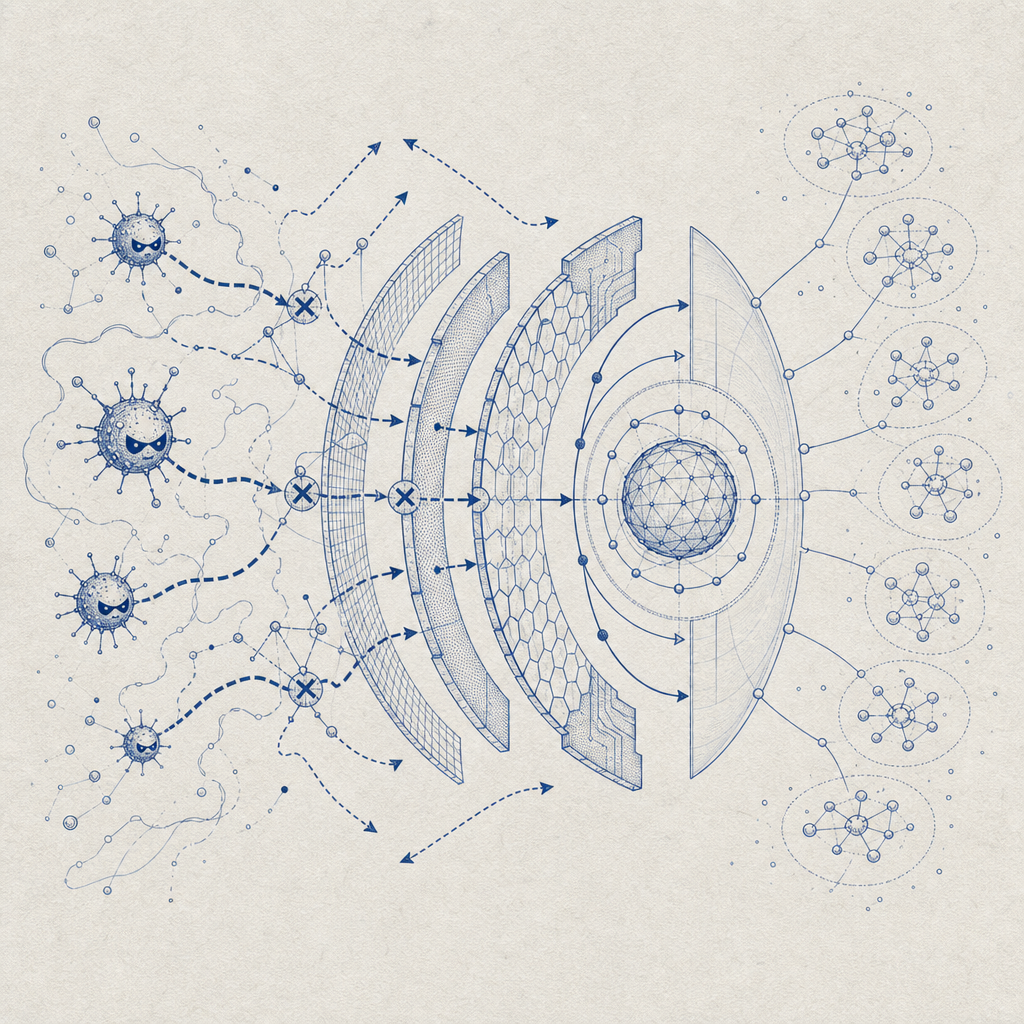 abstract diagram showing malicious bot activities and anti grief bot defense lay