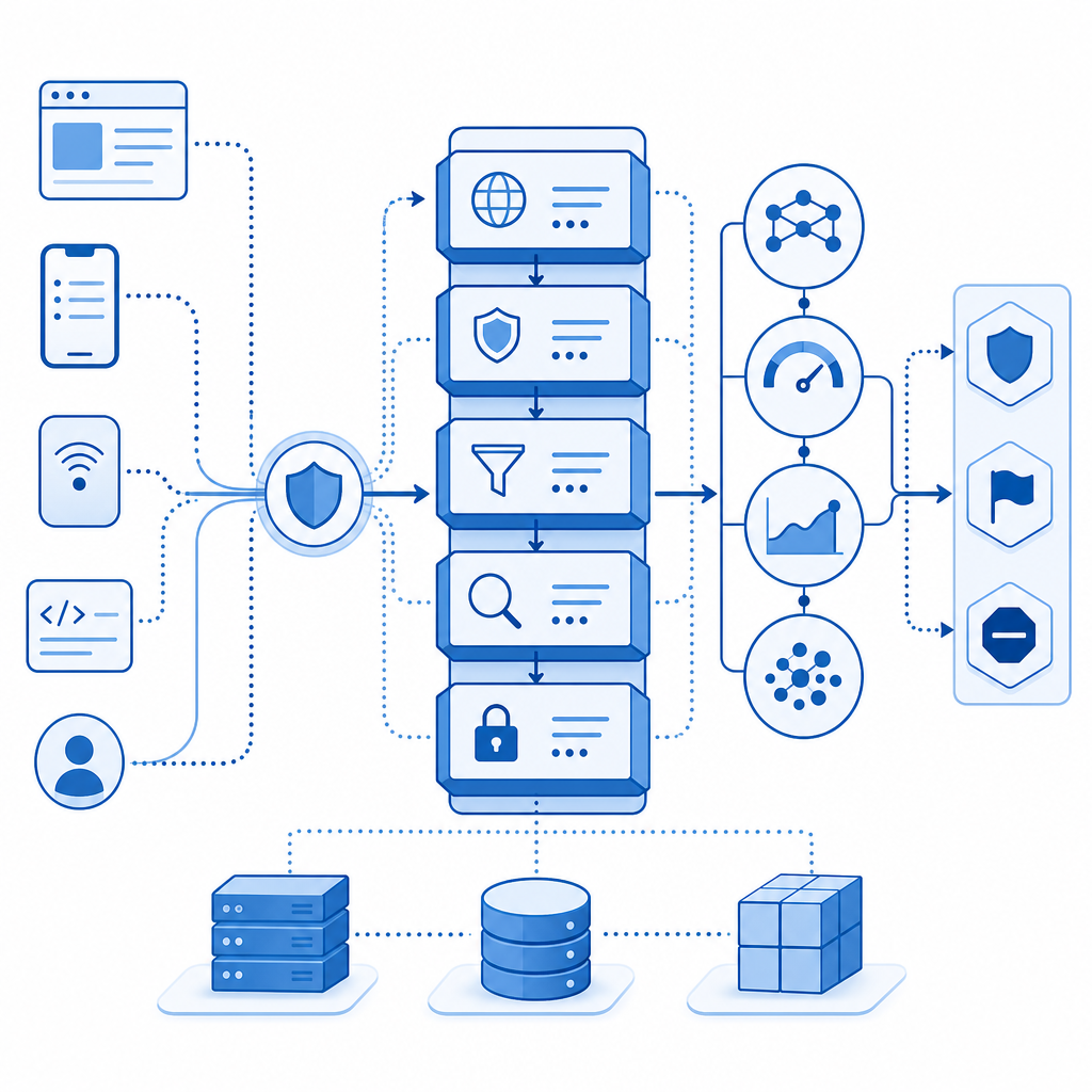 layered defense pipeline with client signals, server validation, and risk scorin