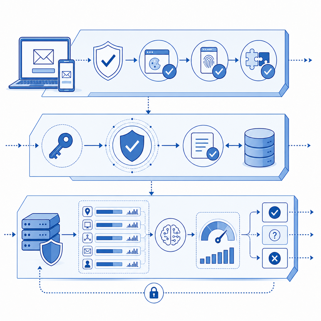 layered invite-defense flow showing client checks, token validation, and server-
