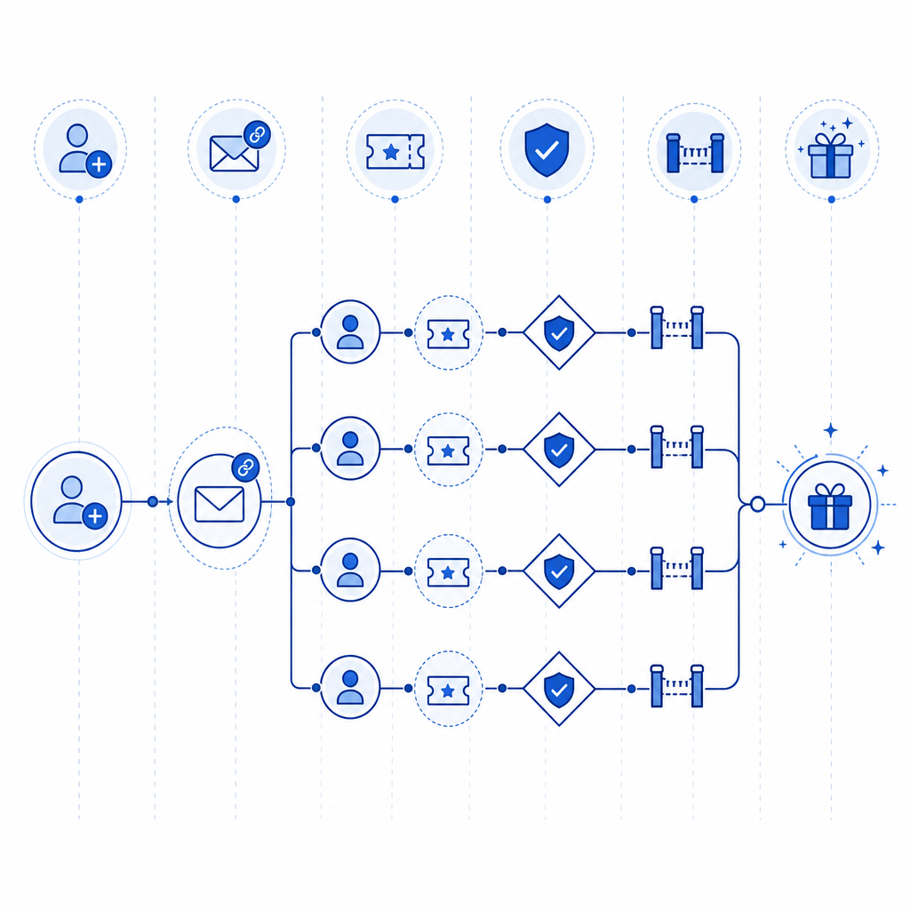 abstract decision tree showing invite creation, redemption, validation, and rewa