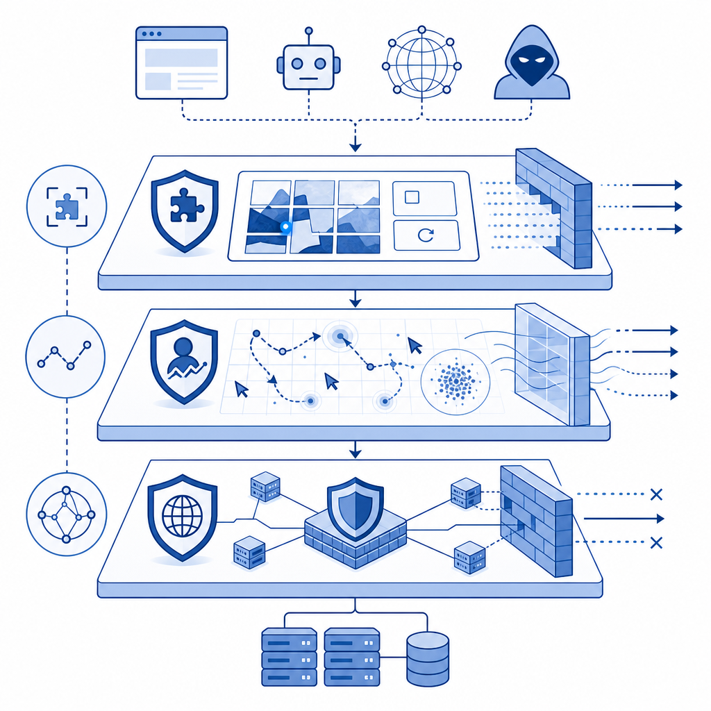 diagram illustrating layered anti join bot defenses with CAPTCHA, behavior analy