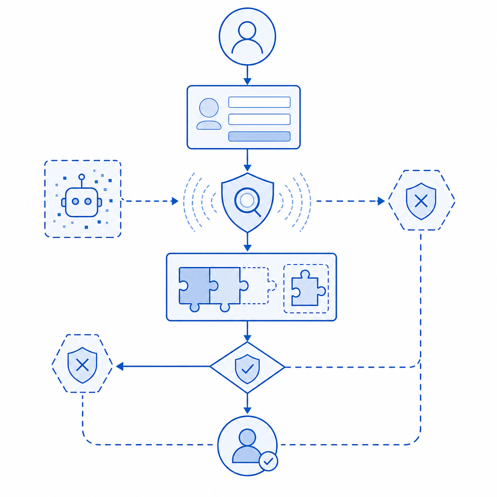 abstract flowchart showing user signup funnel incorporating CAPTCHA and bot dete